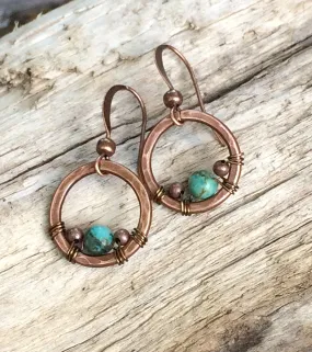 Copper & Turquoise Earrings, Small Turquoise Earrings, Copper Hoop Earrings, Hammered Copper Jewelry