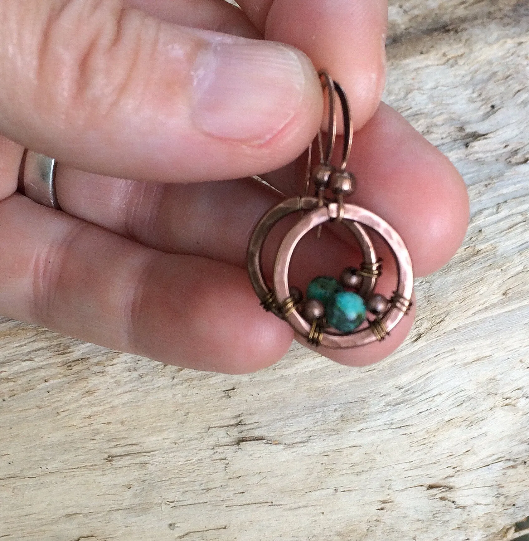 Copper & Turquoise Earrings, Small Turquoise Earrings, Copper Hoop Earrings, Hammered Copper Jewelry