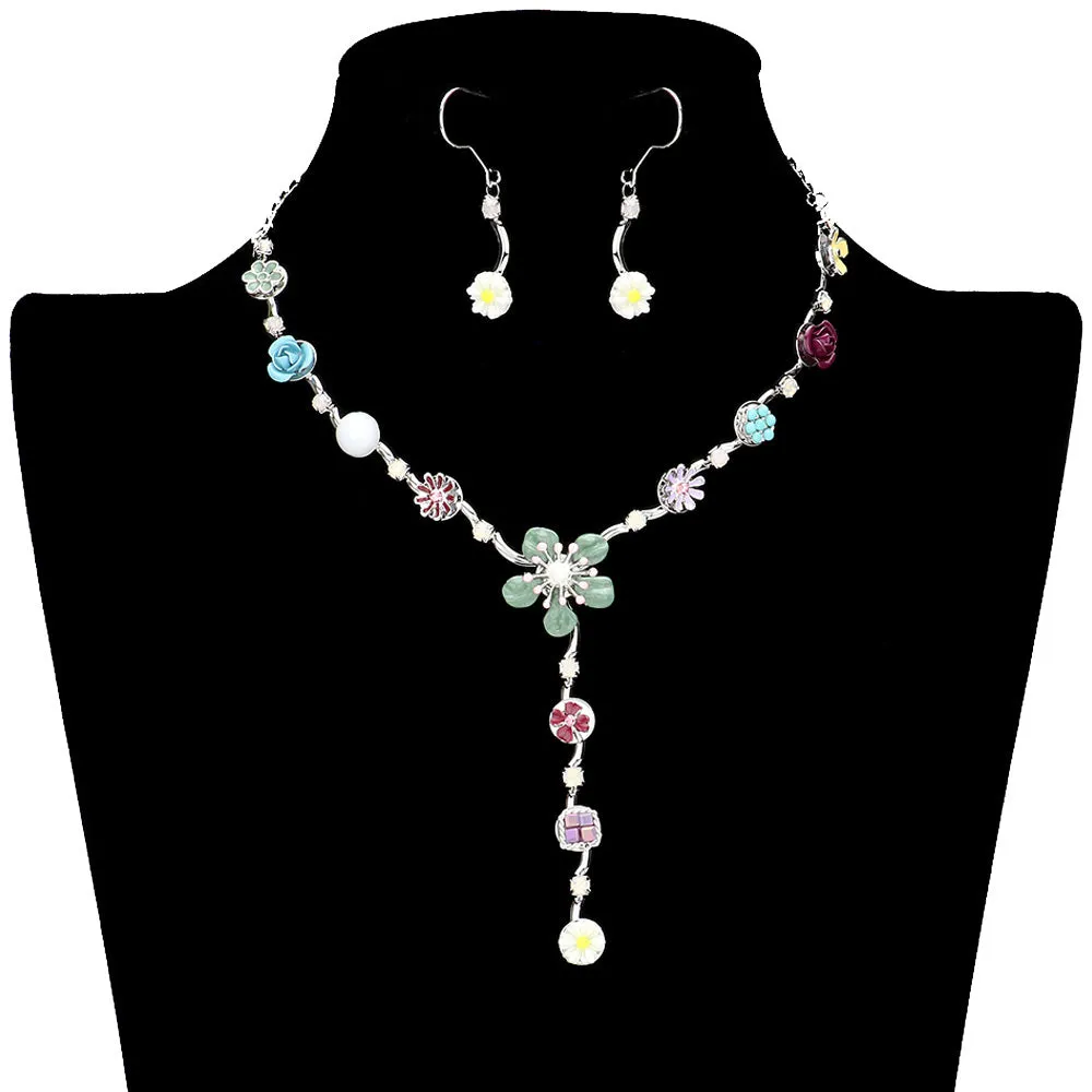 Enamel Flower Stone Embellished Y Choker Jewelry Set