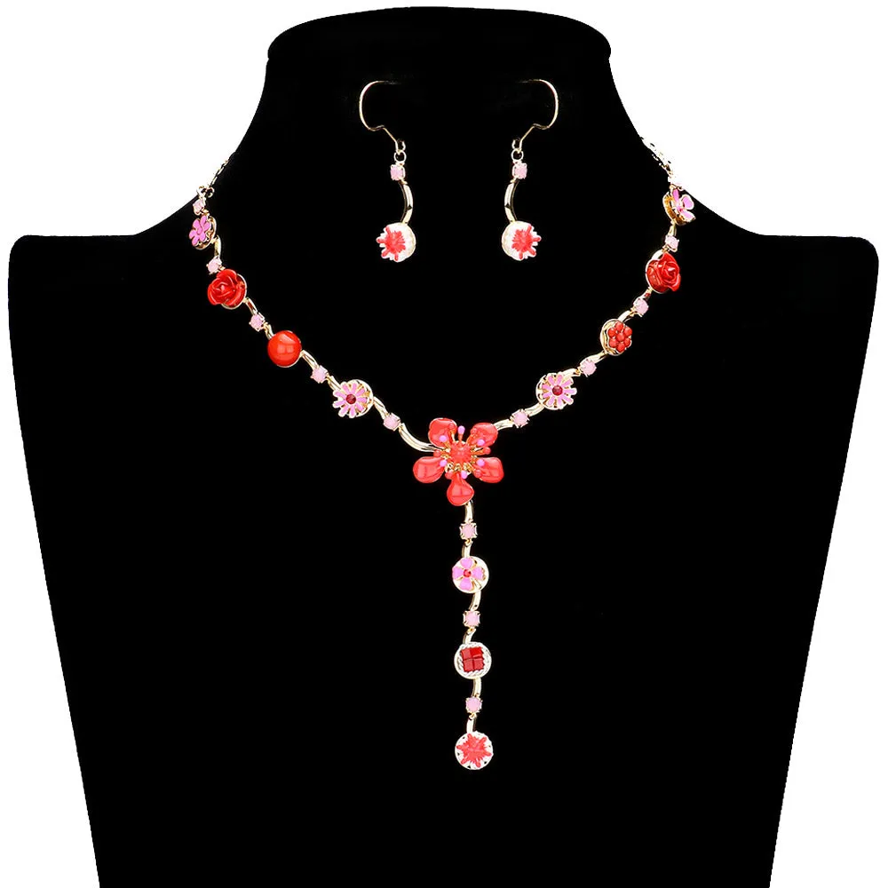 Enamel Flower Stone Embellished Y Choker Jewelry Set