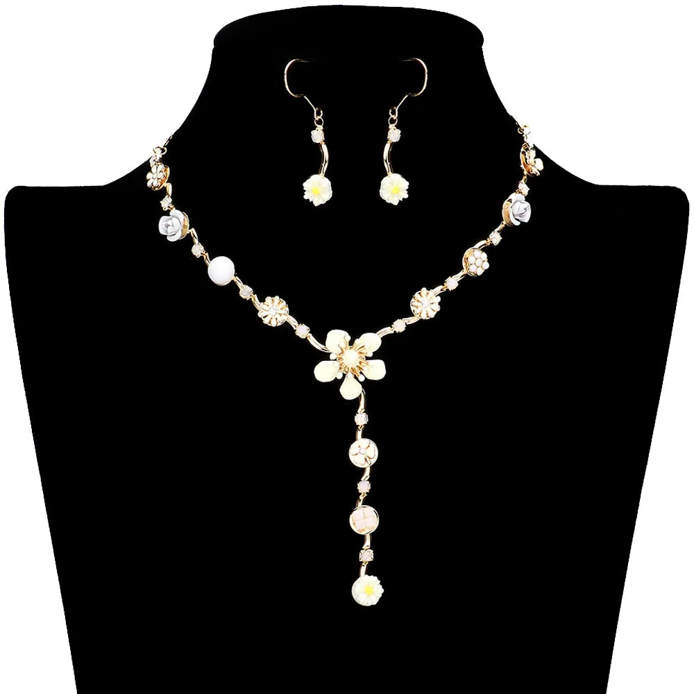 Enamel Flower Stone Embellished Y Choker Jewelry Set