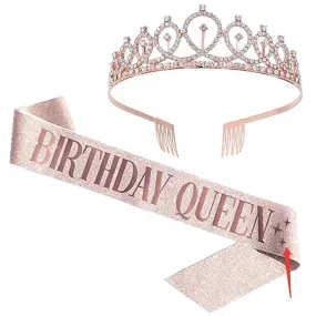 Fancydresswale Birthday Headbands Satin Sash and Tiara Birthday Crown for Girls Women Party Supplies- Rose Crown and Sash- Birthday queen Cheers