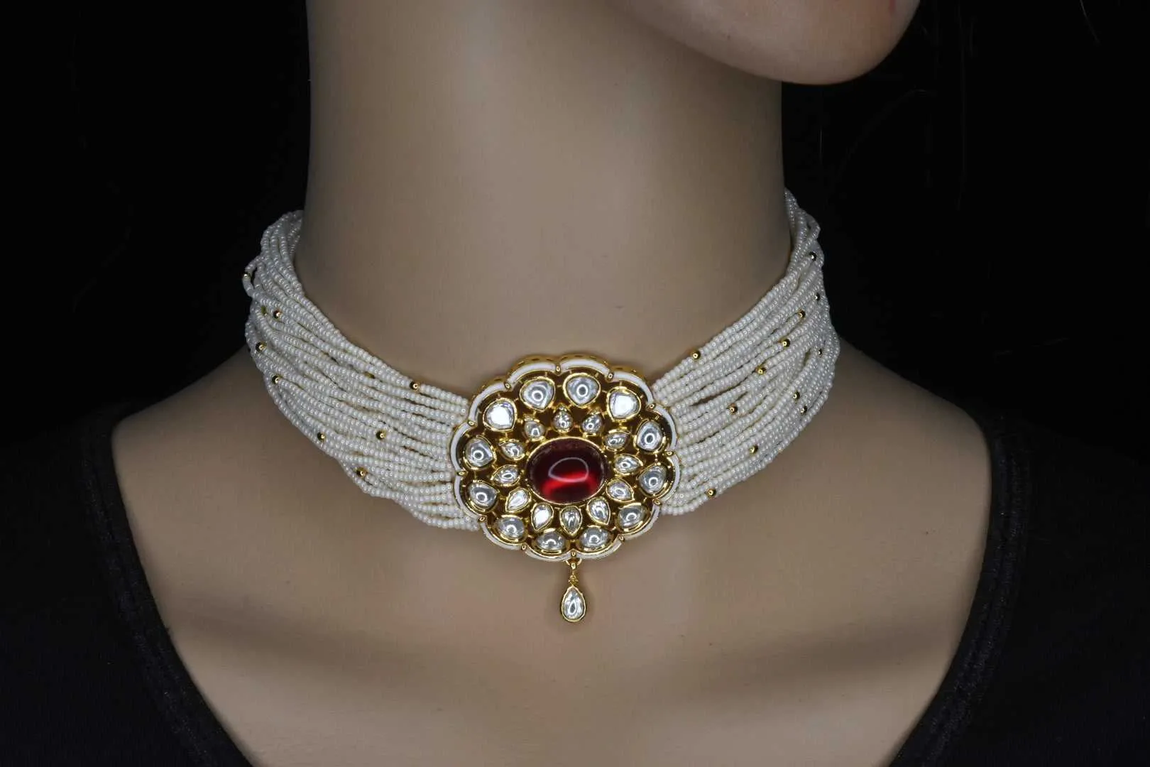 Flower Shaped Kundan And Kemp Studded Beads Choker Set