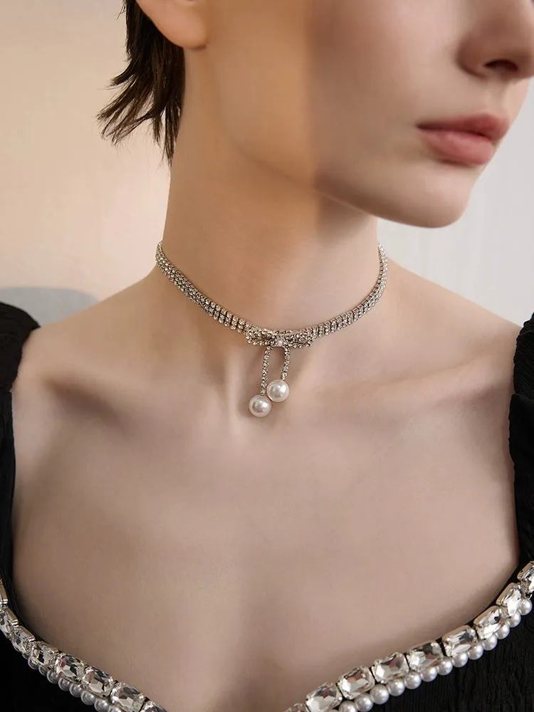 FN Bow Clavicle Chain Neck Chain Pearl Necklace LOJS68