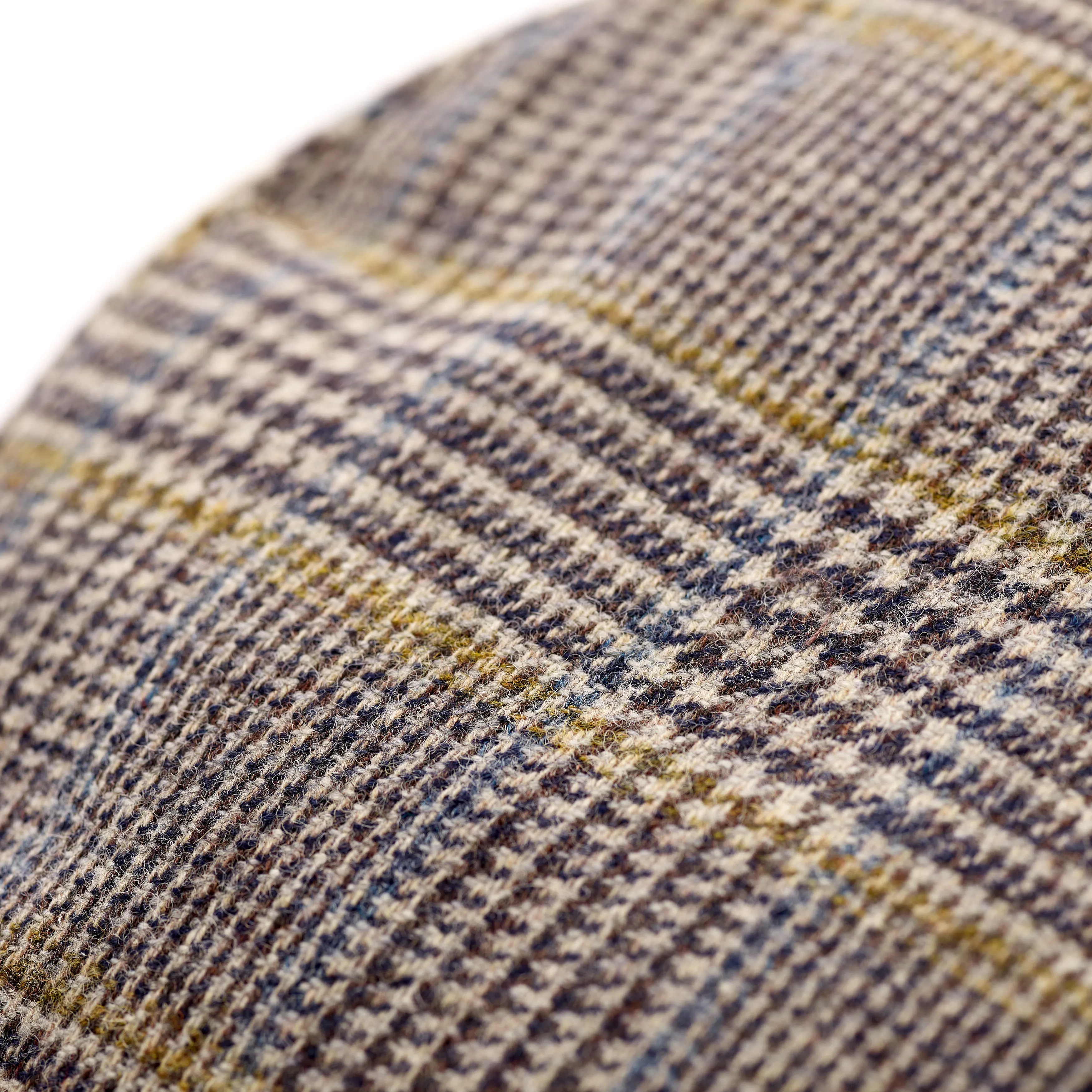 Fox Tweed Cap With Snap Brim In Glen check with Blue and Gold Deco