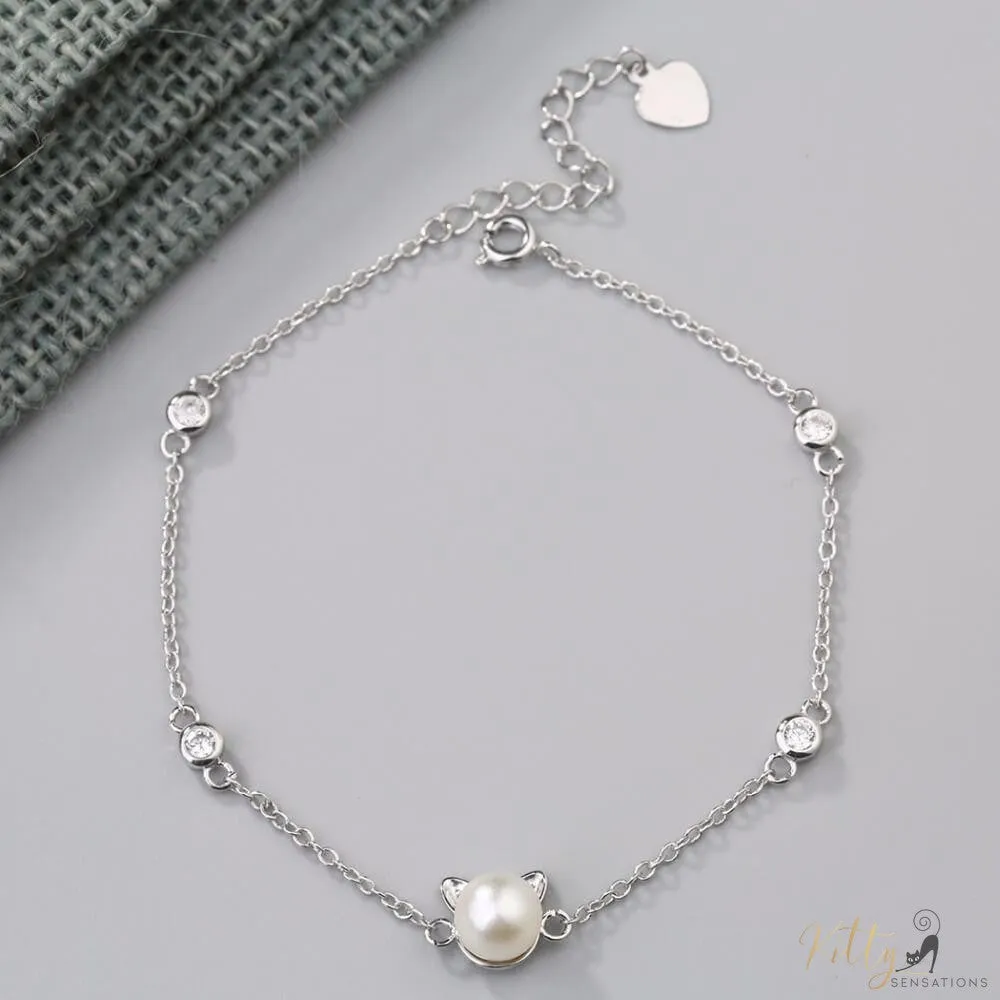 Freshwater Pearl Cat Bracelet in Solid 925 Sterling Silver