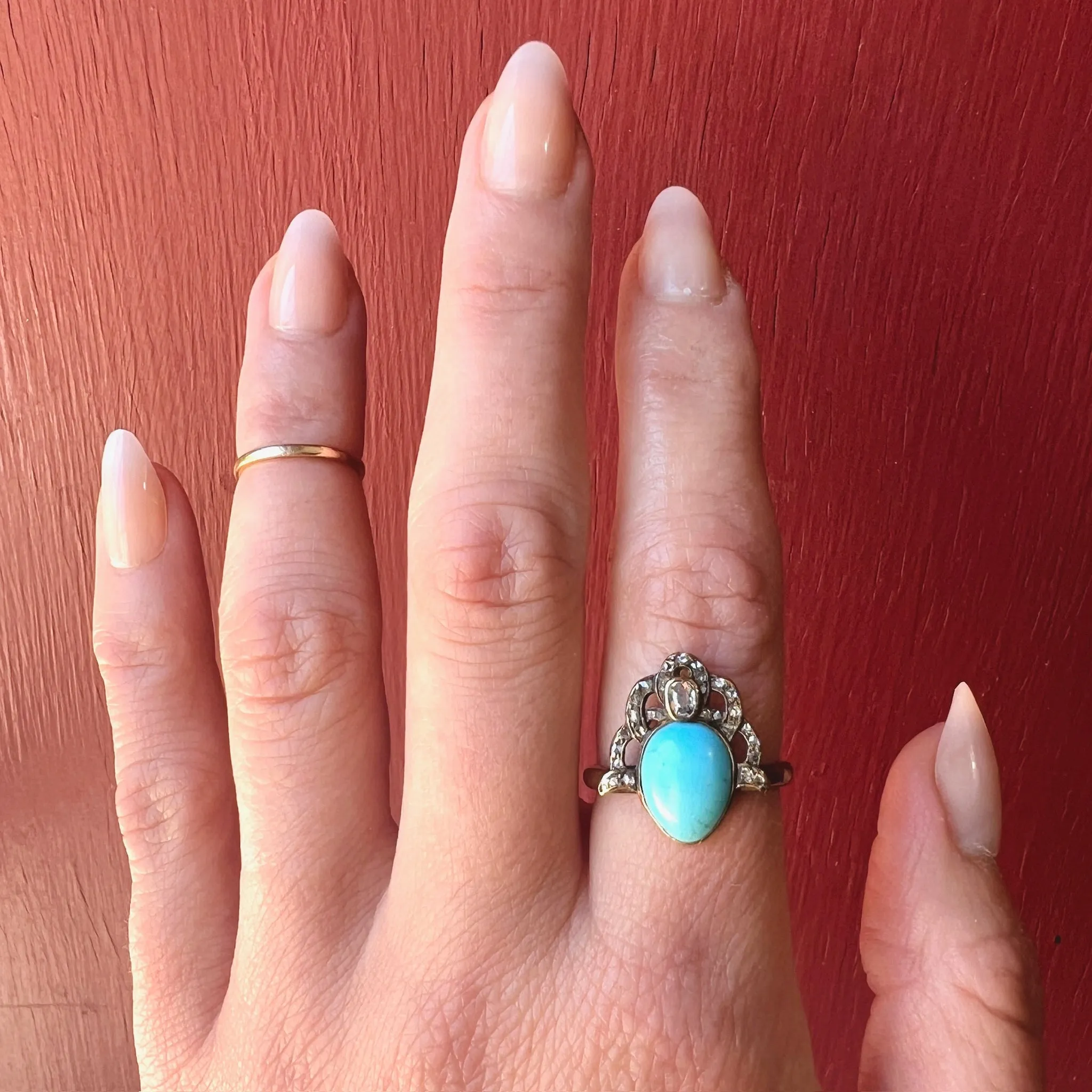 Georgian Turquoise & Diamond Crown Ring