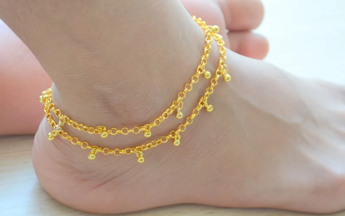 Gold Anklet, Beaded Beach Layered Anklet Bracelet, Indian Wedding Payal, Statement Bridal barefoot jewelry