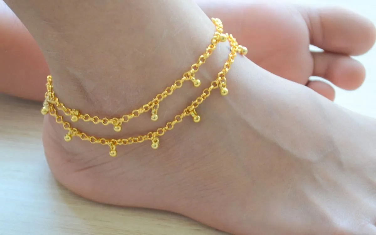 Gold Anklet, Beaded Beach Layered Anklet Bracelet, Indian Wedding Payal, Statement Bridal barefoot jewelry