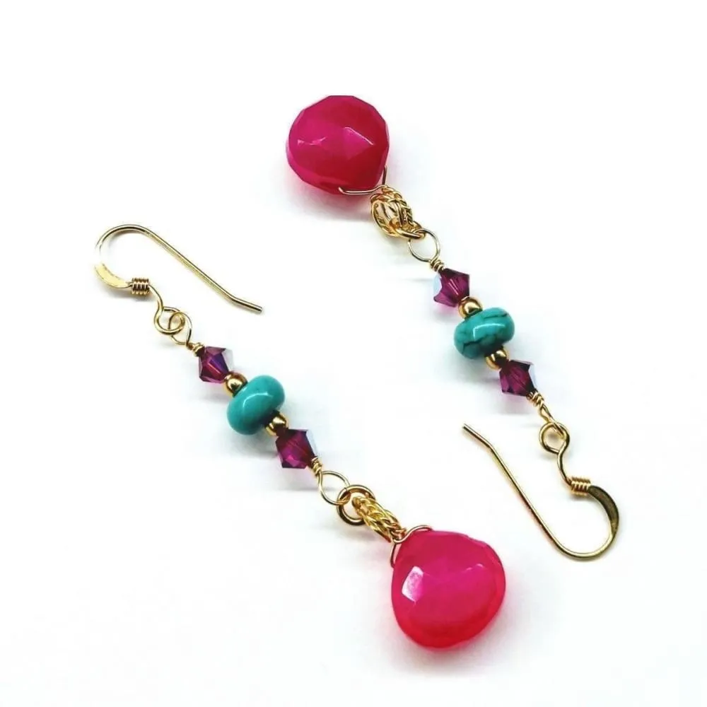 Gold Filled Wire Wrapped Pink And Turquoise Gemstone Earrings