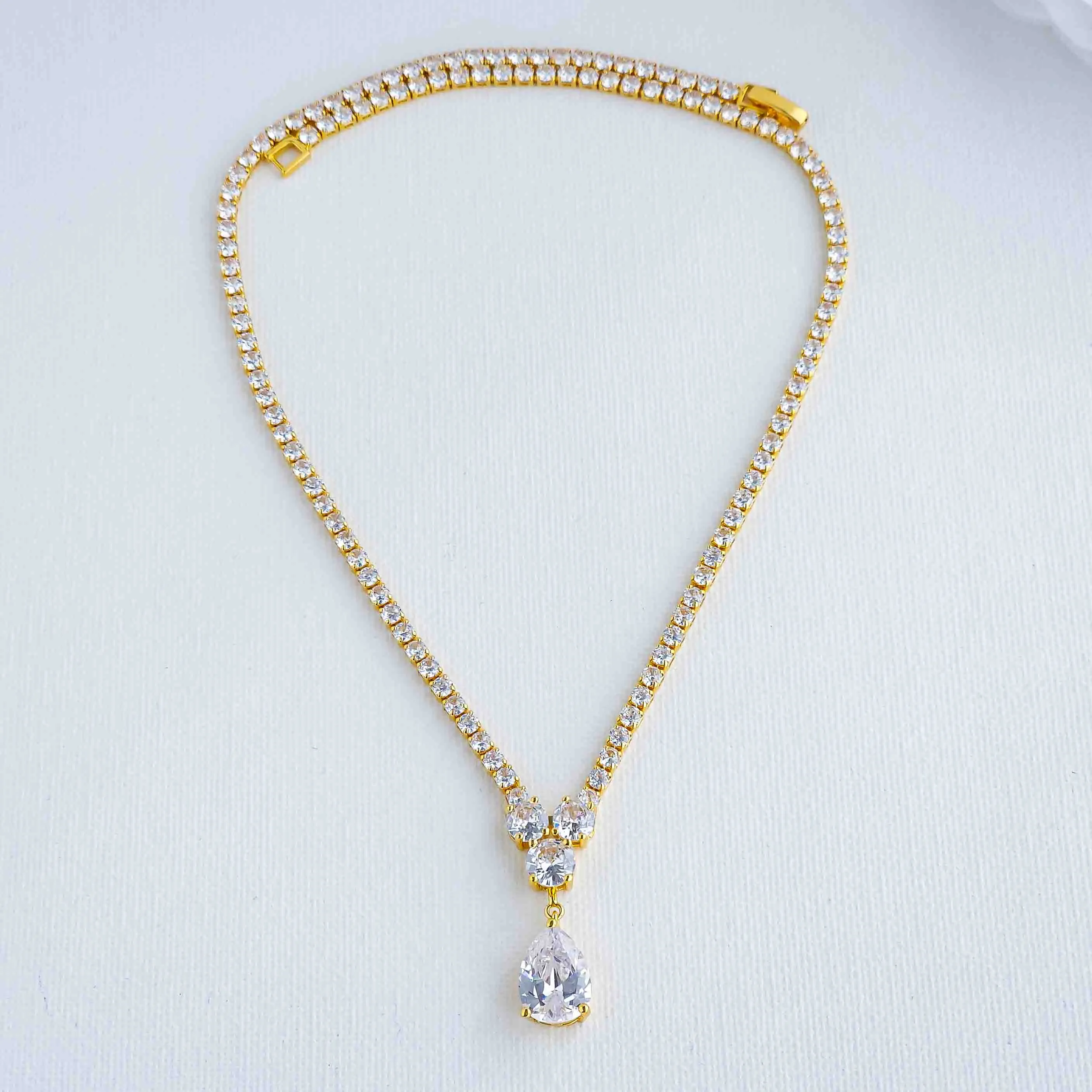 Gold Necklace with Cubic Zirconia for Weddings-Diane