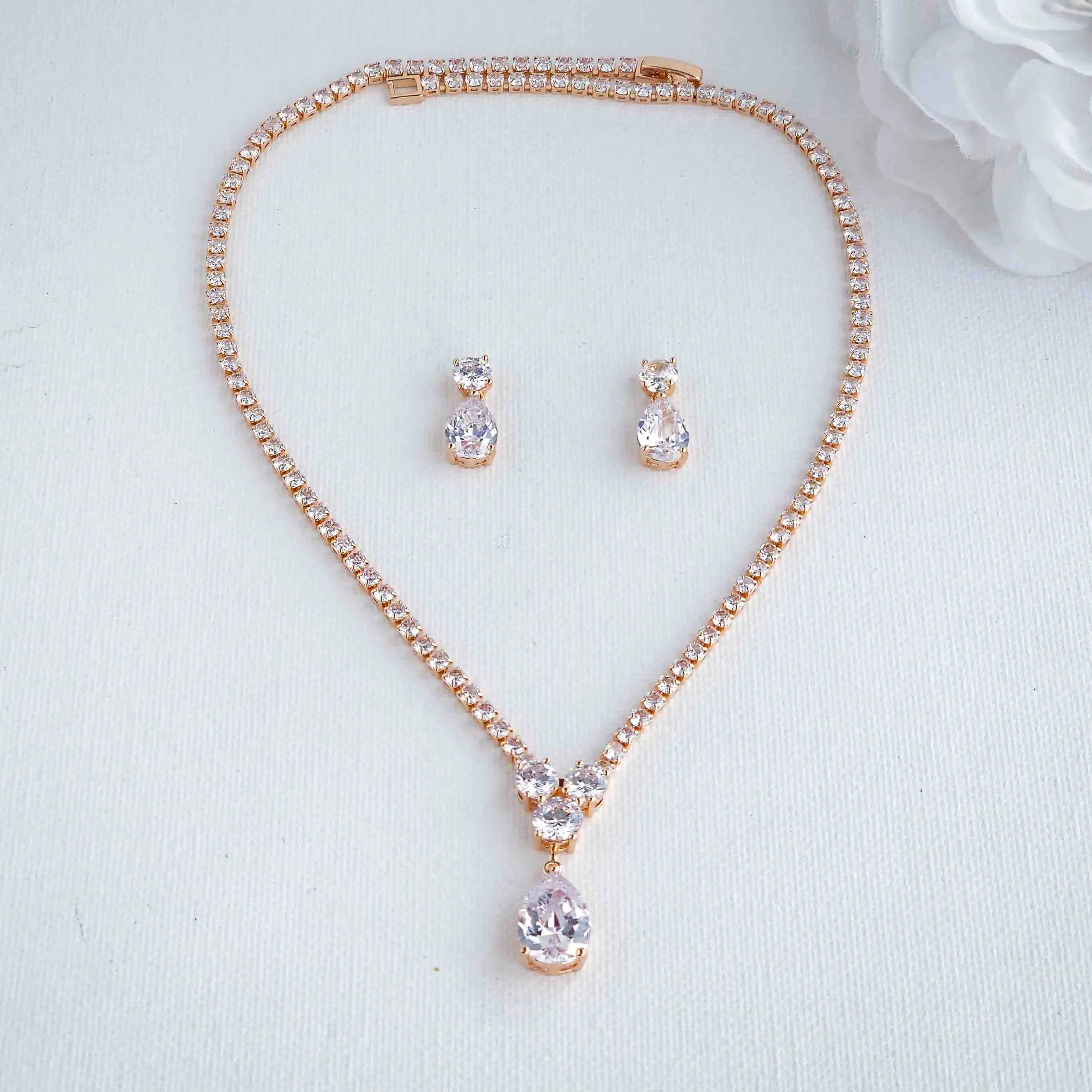 Gold Necklace with Cubic Zirconia for Weddings-Diane