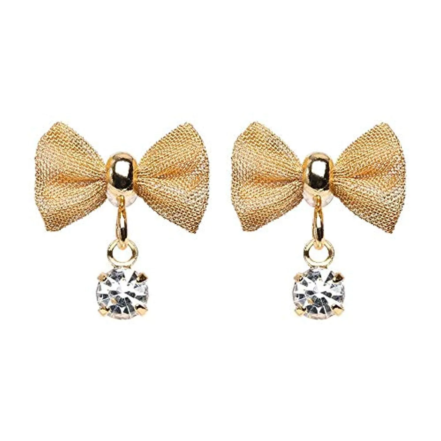 Golden Dainty Mesh Bow Gem Dangle Ear Stud WildKlass Earrings