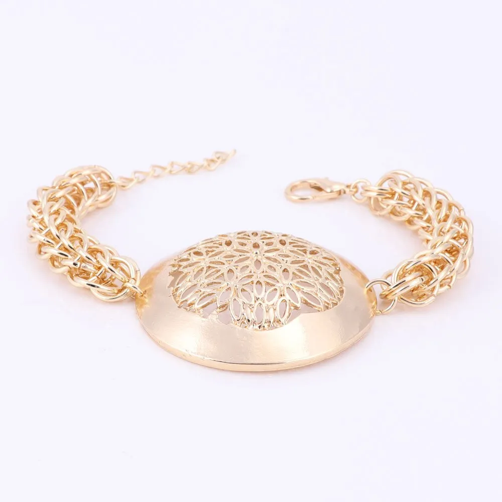 Gold/Silver-Plated Flower Design Cup Necklace, Bracelet, Earrings & Ring Wedding Statement Jewelry Set