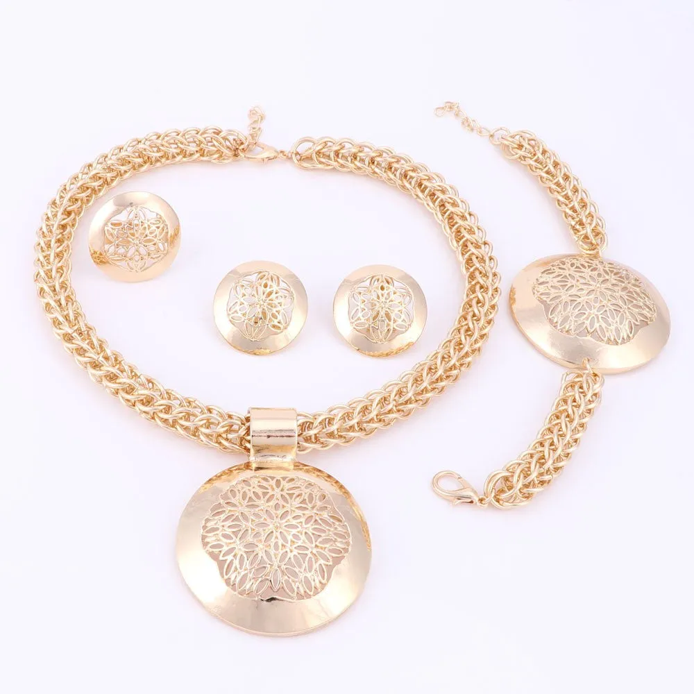 Gold/Silver-Plated Flower Design Cup Necklace, Bracelet, Earrings & Ring Wedding Statement Jewelry Set