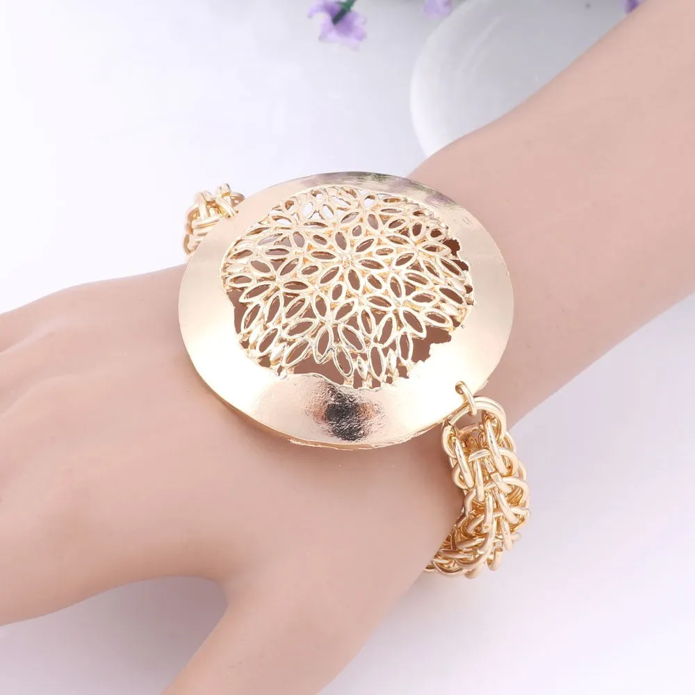 Gold/Silver-Plated Flower Design Cup Necklace, Bracelet, Earrings & Ring Wedding Statement Jewelry Set