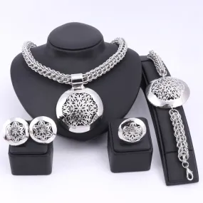 Gold/Silver-Plated Flower Design Cup Necklace, Bracelet, Earrings & Ring Wedding Statement Jewelry Set