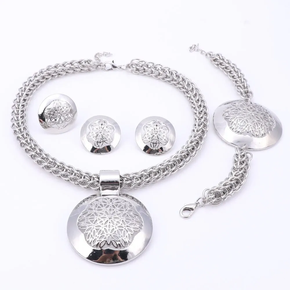 Gold/Silver-Plated Flower Design Cup Necklace, Bracelet, Earrings & Ring Wedding Statement Jewelry Set