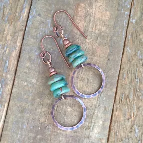 Green Czech Glass and Copper Earrings