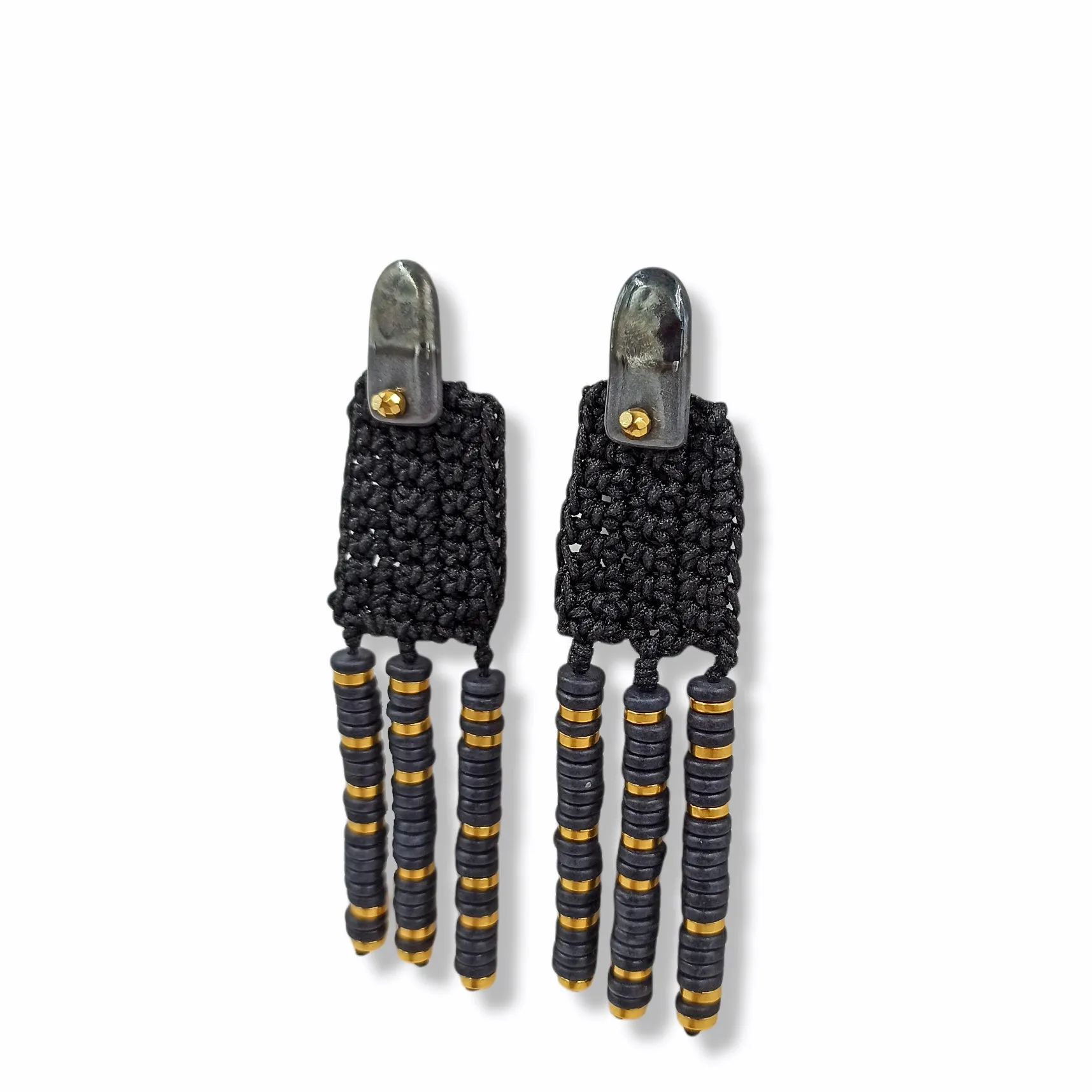 Handmade Crochet Long Earrings with Black Porcelain