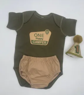 Happy Camper One Theme Set olive green bodysuit and tan diaper cover.