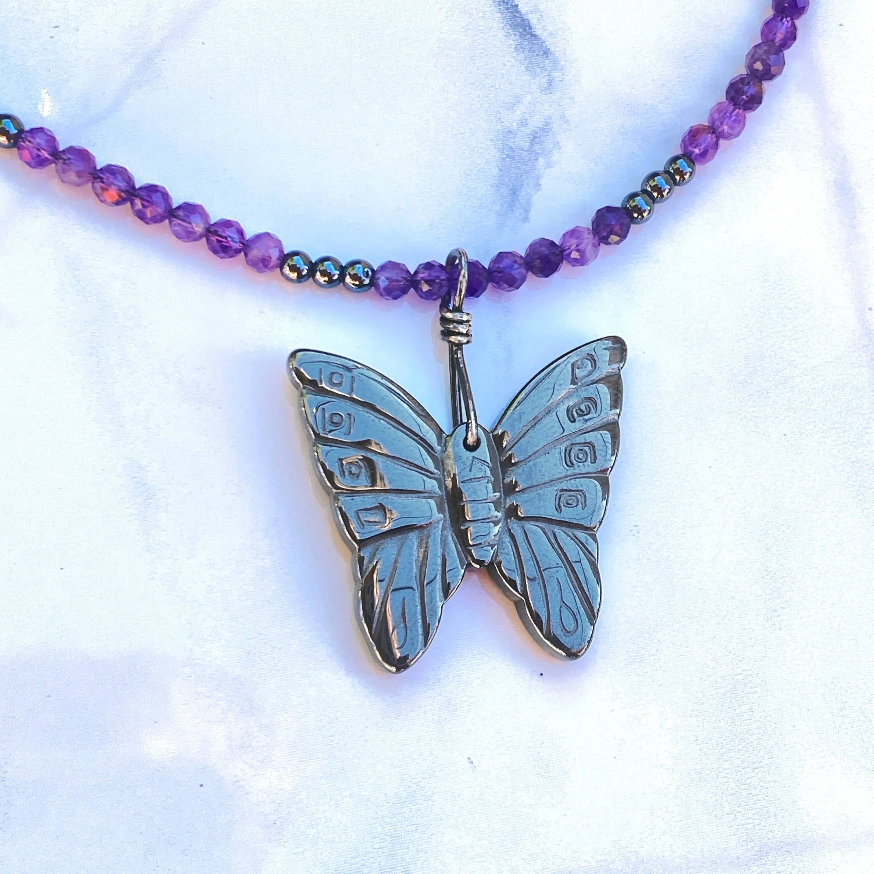 Hematite Butterfly on Amethyst gemstone Beaded Necklace