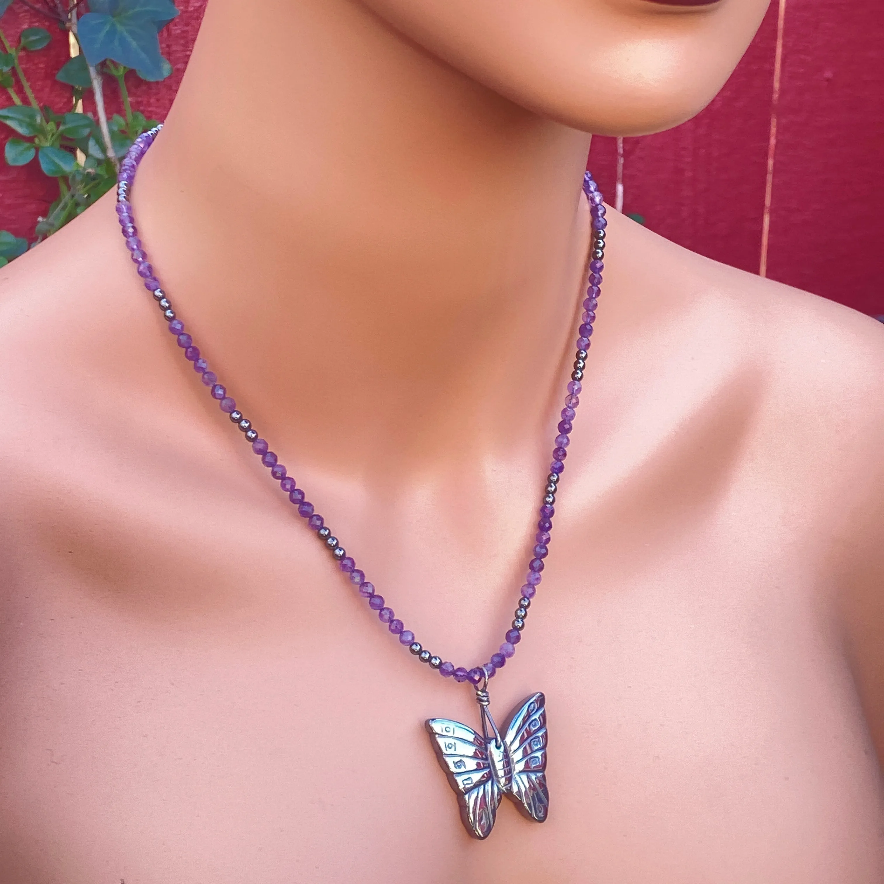 Hematite Butterfly on Amethyst gemstone Beaded Necklace