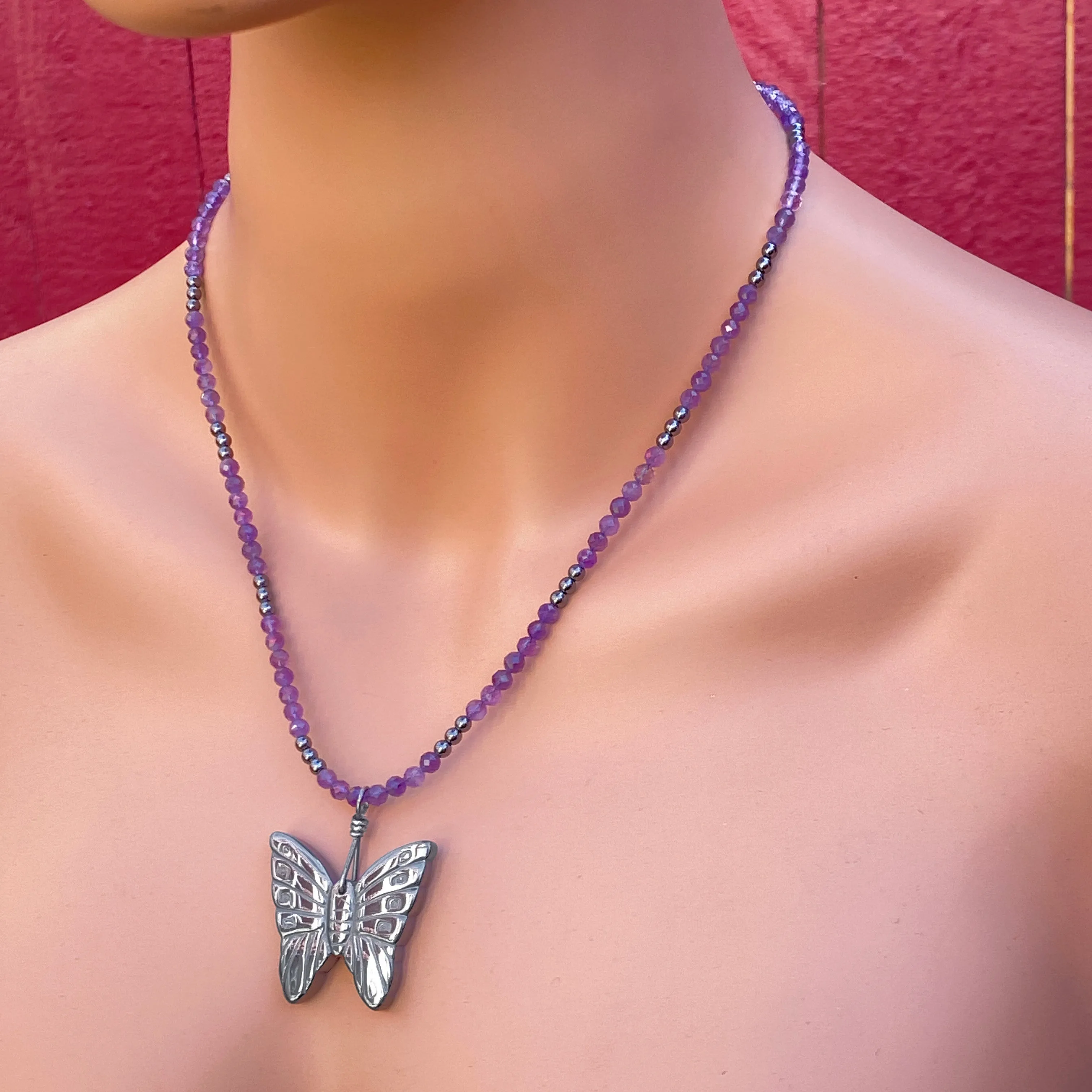 Hematite Butterfly on Amethyst gemstone Beaded Necklace