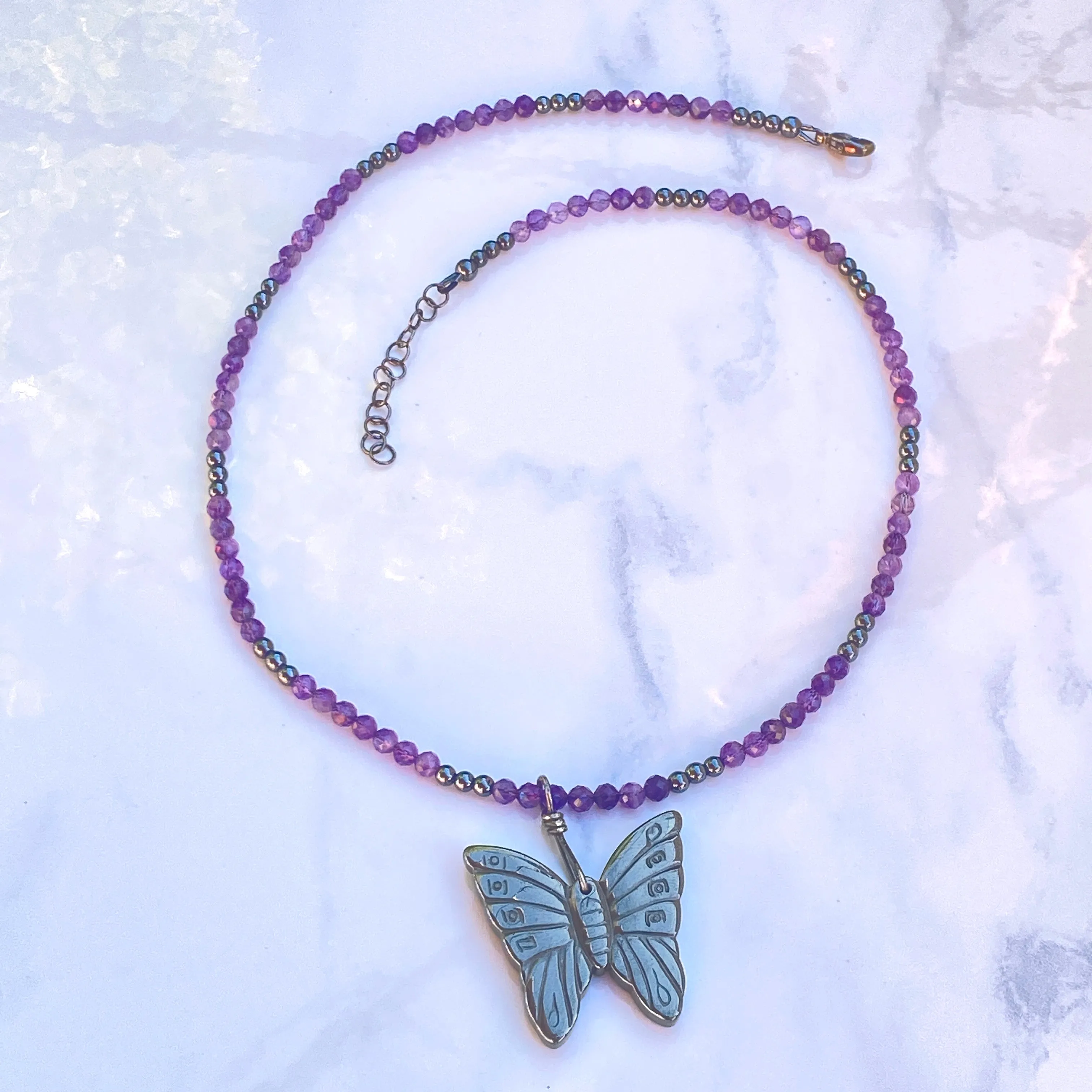 Hematite Butterfly on Amethyst gemstone Beaded Necklace