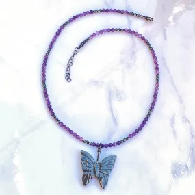 Hematite Butterfly on Amethyst gemstone Beaded Necklace