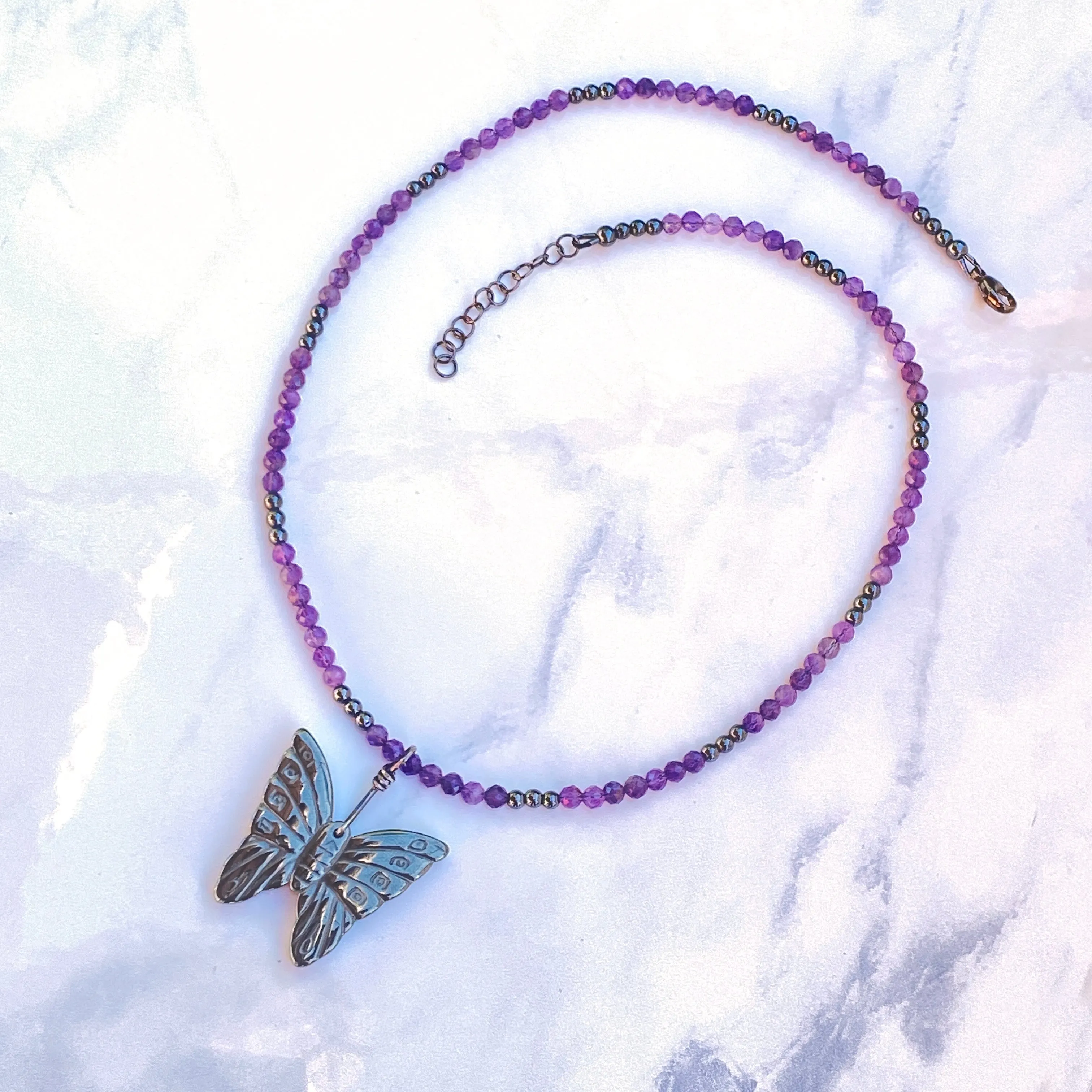 Hematite Butterfly on Amethyst gemstone Beaded Necklace