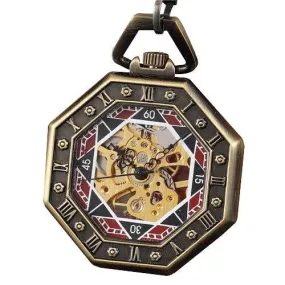 Hexagonal Brass Pocket Watch with Red, Black, and Gold Details