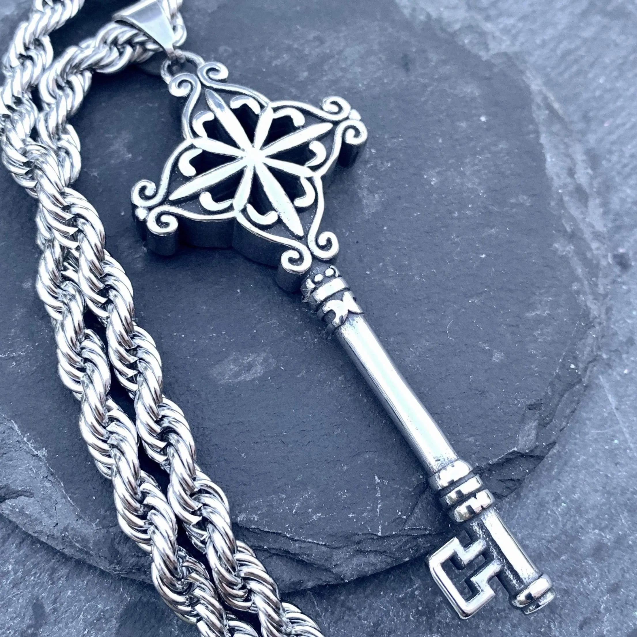 Key - Skeleton Key Pendant - Rope Necklace or Omega - PEN485