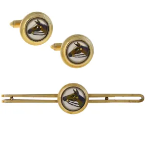 KREMENTZ Vintage Gold-Filled Essex Crystal Horse Cufflinks   Tie Clip Set