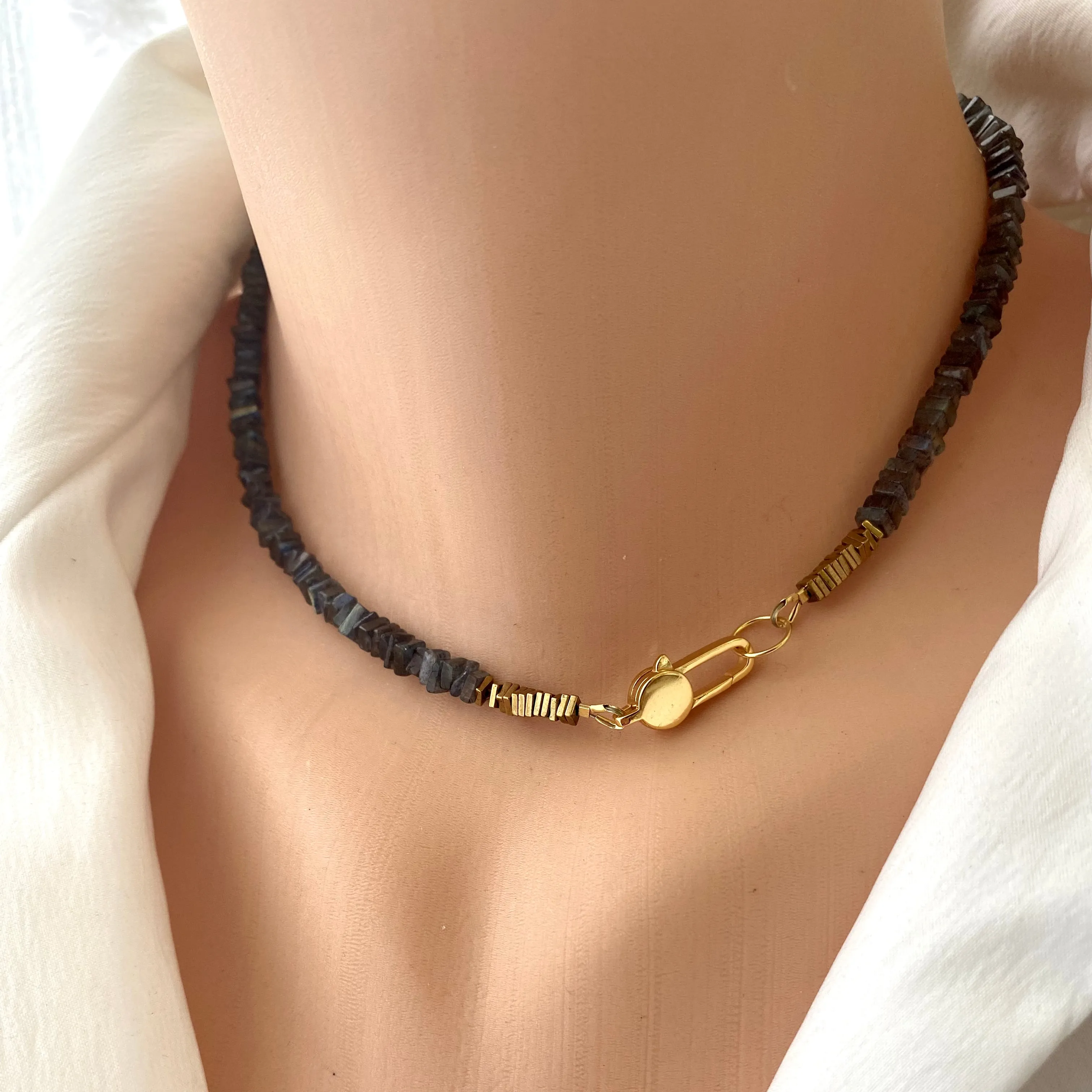 Labradorite Choker Necklace with Gold Vermeil Details and Clasp, 15inches