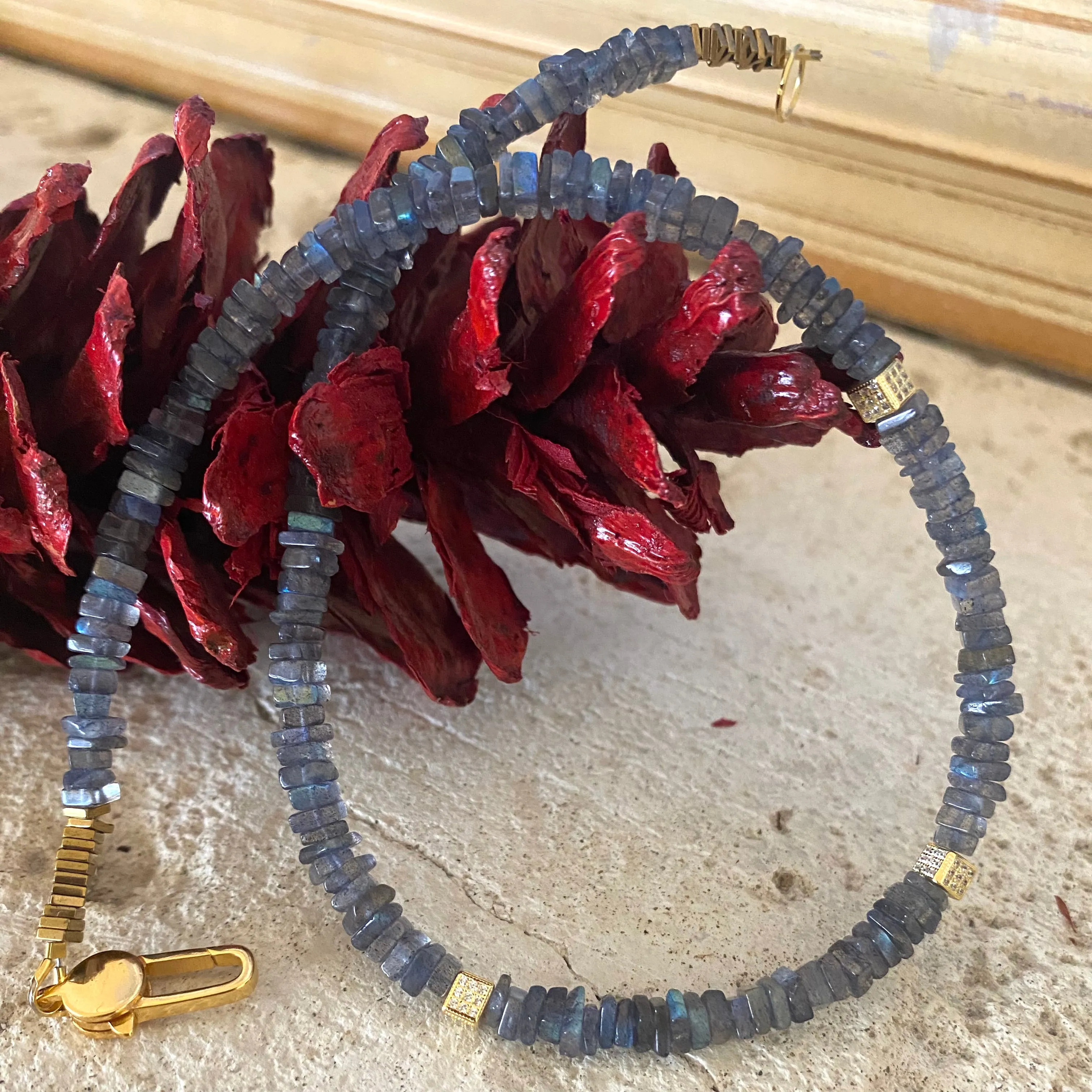 Labradorite Choker Necklace with Gold Vermeil Details and Clasp, 15inches