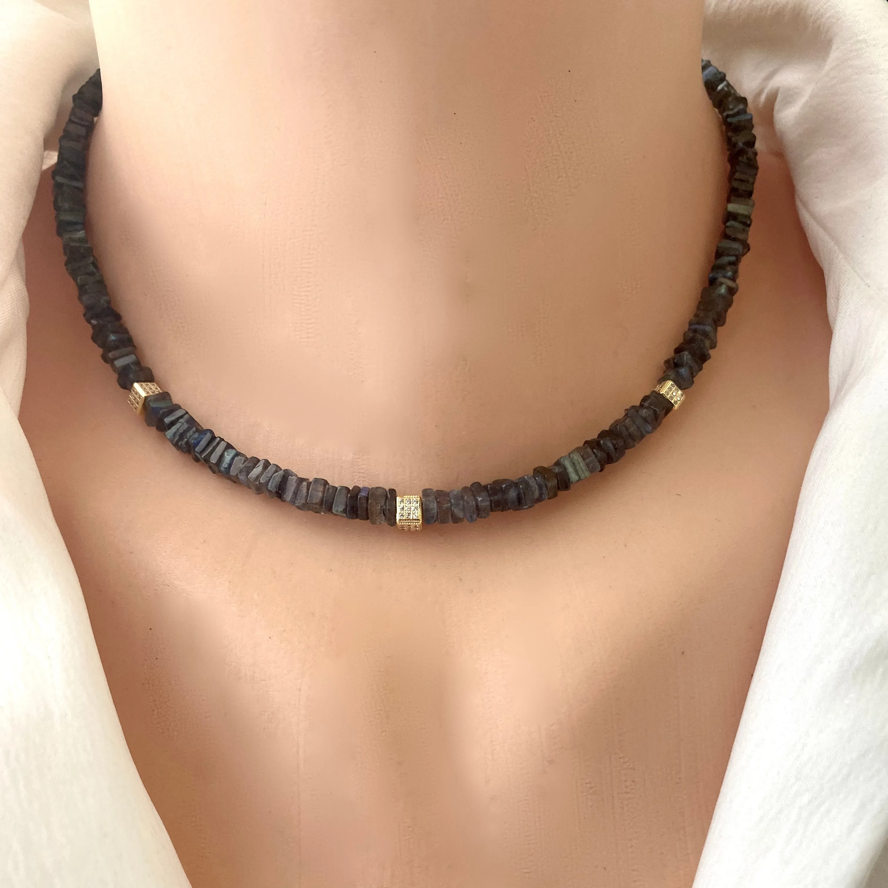 Labradorite Choker Necklace with Gold Vermeil Details and Clasp, 15inches