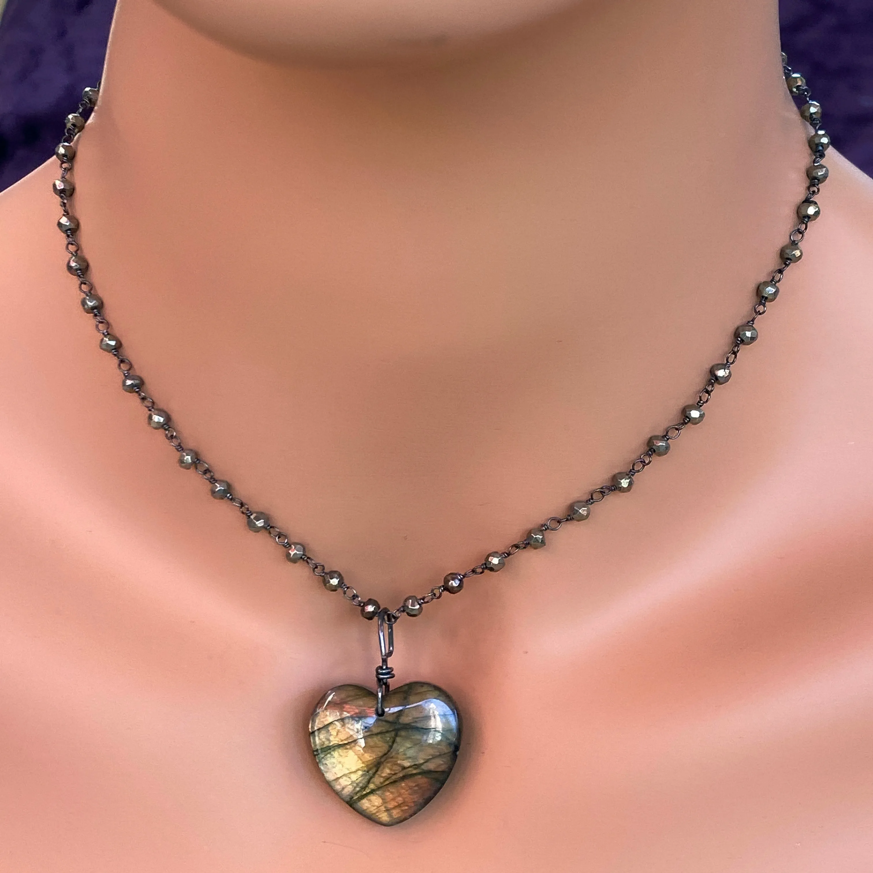 Labradorite Heart on Pyrite and Oxidized Sterling Silver Chain