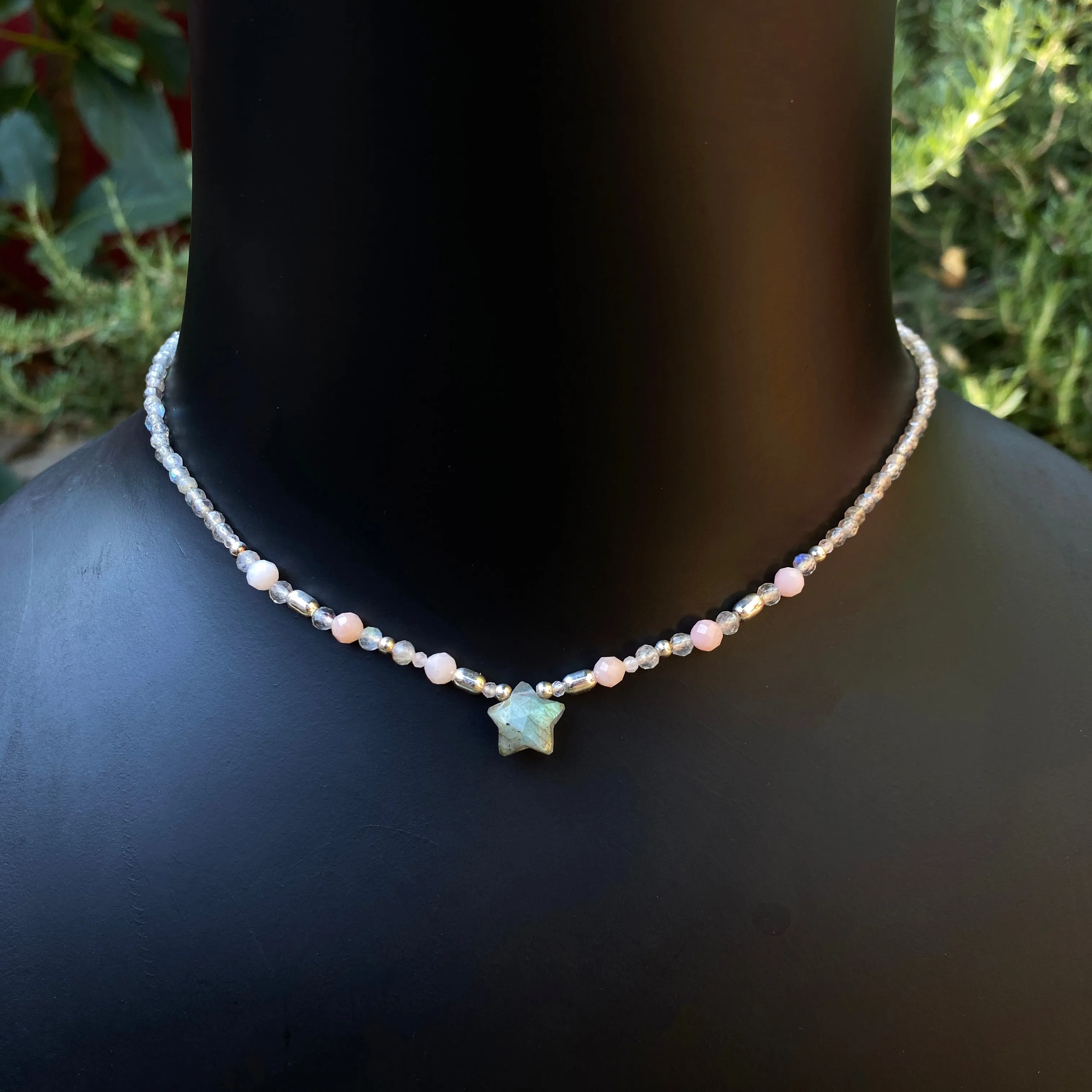 Labradorite Star and Pink Opal Sterling Silver Choker