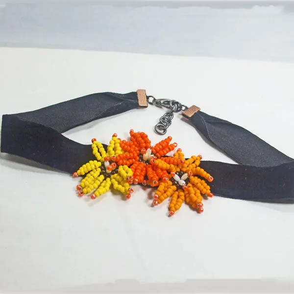 Lakia, Orange Floral, Black Ribbon Choker, Necklace