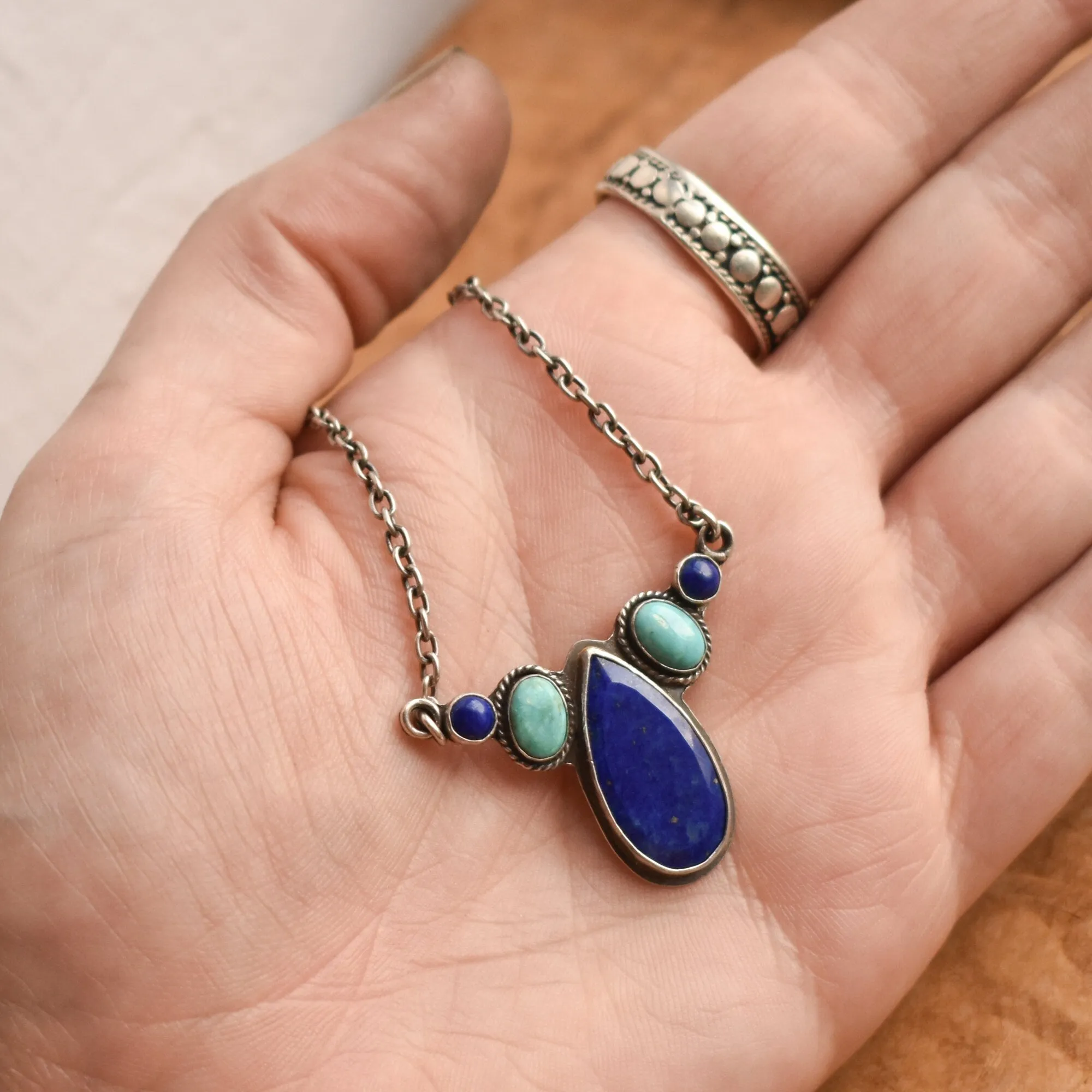 Lapis Lazuli and Turquoise Pendant - Kindness Necklace - Multi-stone Necklace - AAA Lapis Lazuli - Silversmith Pendant