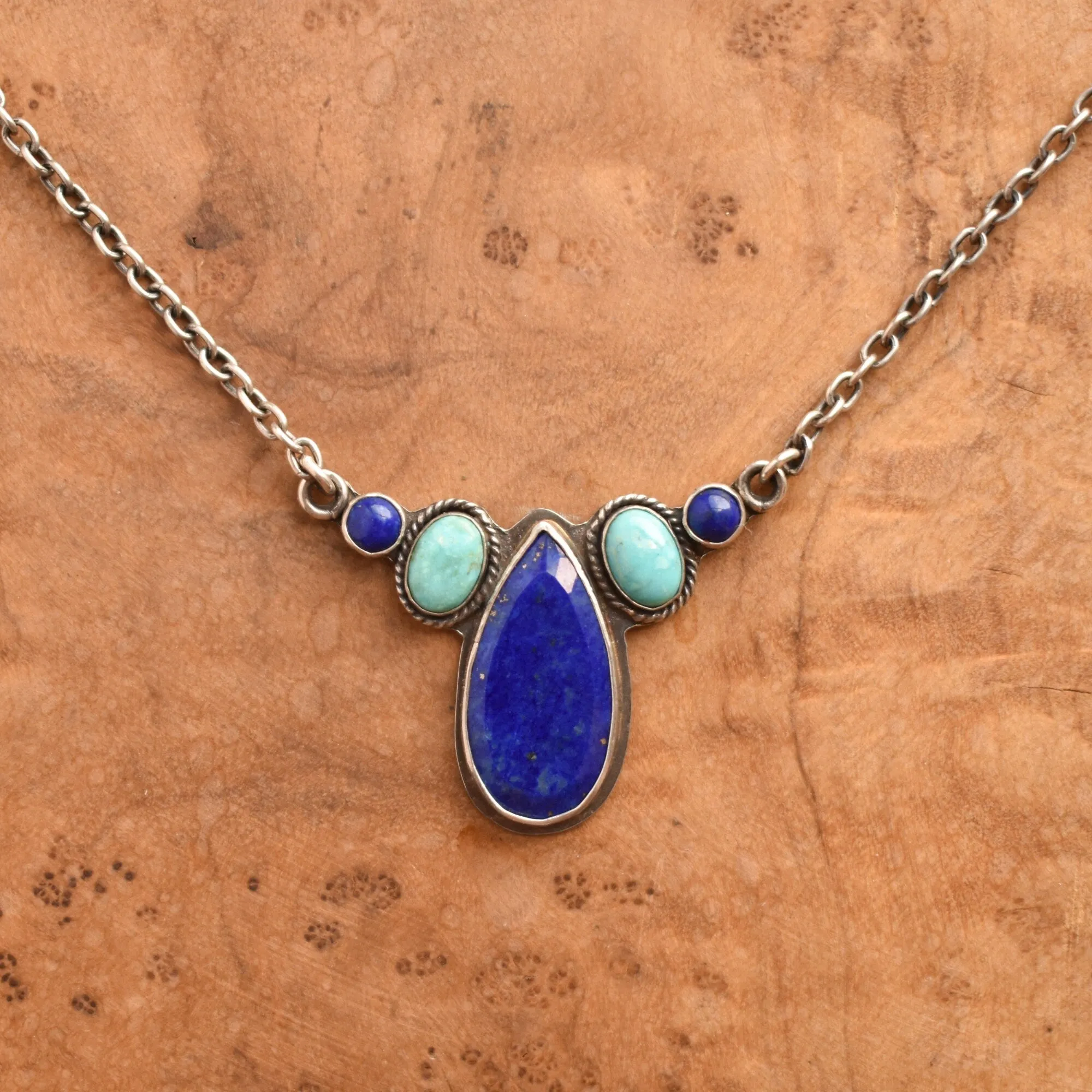 Lapis Lazuli and Turquoise Pendant - Kindness Necklace - Multi-stone Necklace - AAA Lapis Lazuli - Silversmith Pendant