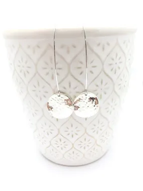 Long Silver Hammered Disc Dangle Earrings