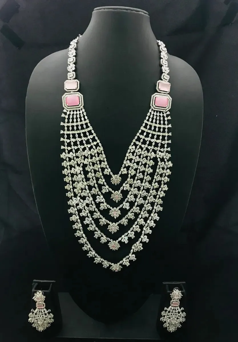 Lovely American Diamond Bridal Layered Two Tone CZ Necklace With Earrings