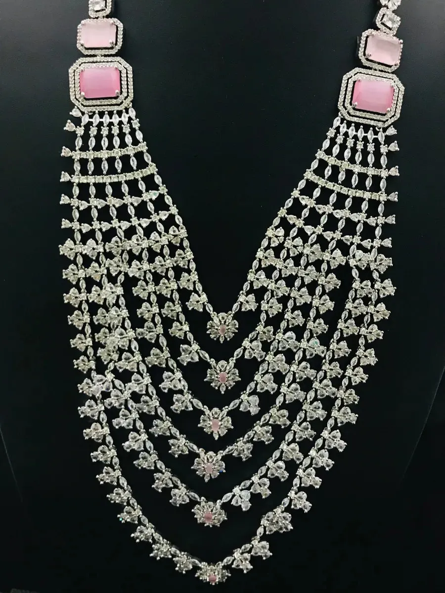 Lovely American Diamond Bridal Layered Two Tone CZ Necklace With Earrings