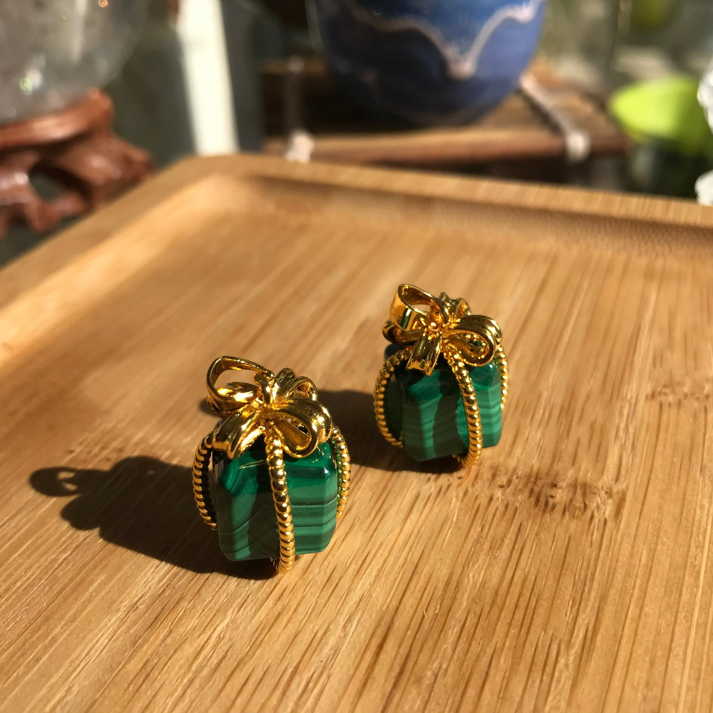 Malachite Cube Pendant | Gift-wrapped 14k Yellow Gold Plated Copper Wire | Handmade Healing Crystal Jewelry Parts