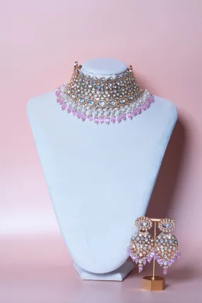 Mila Pink Rose Gold Kundan Necklace & Earring Set By Jaipur Rose Luxury Indian Jewelry Online