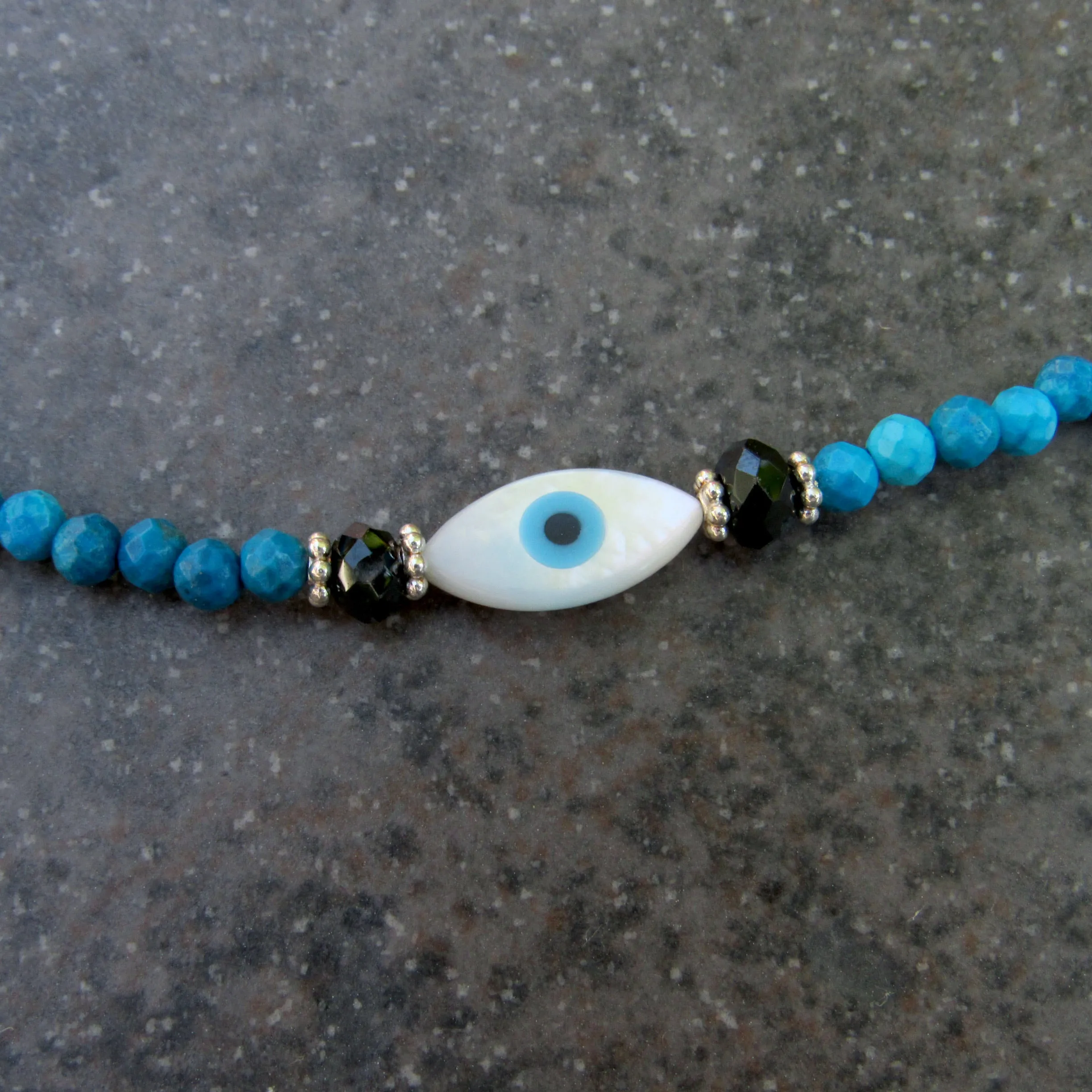 Mother of Pearl Eye of Protection and Blue Agate gemstone Necklace