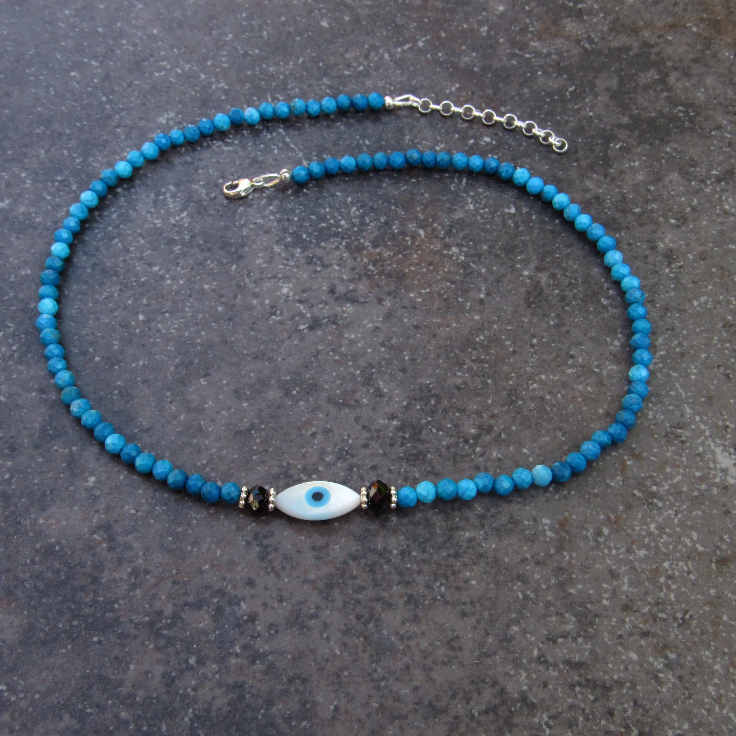 Mother of Pearl Eye of Protection and Blue Agate gemstone Necklace