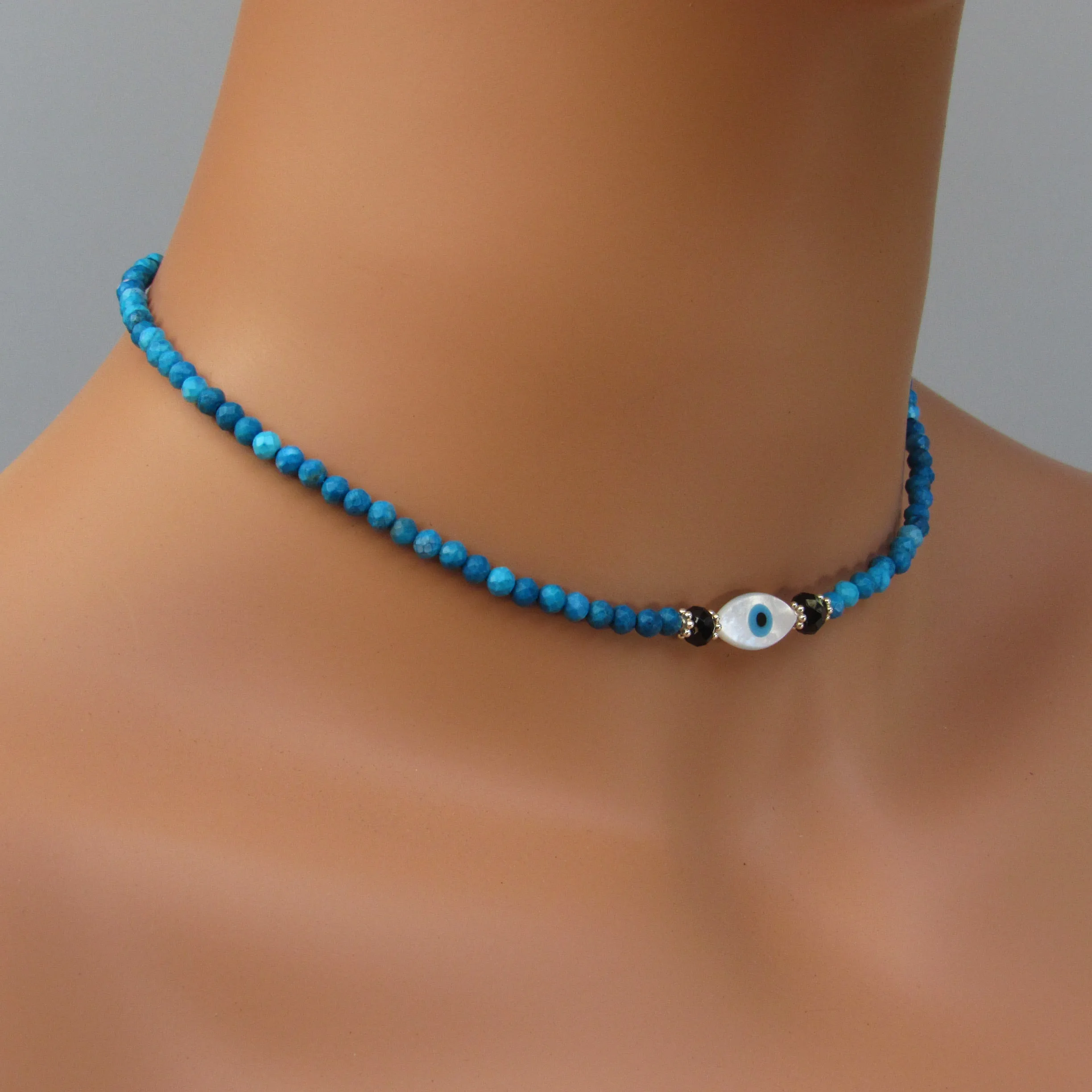 Mother of Pearl Eye of Protection and Blue Agate gemstone Necklace